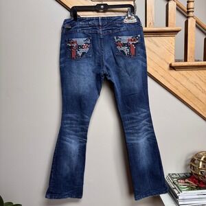 Y2K Akademiks Jeans Bootcut Embellished Pockets 36 Patriotic American Flag USA